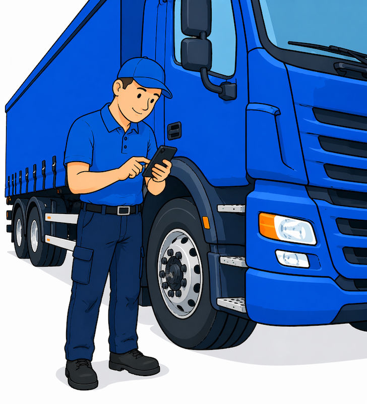HGV driver completing a walkaround vehicle check on a mobile phone