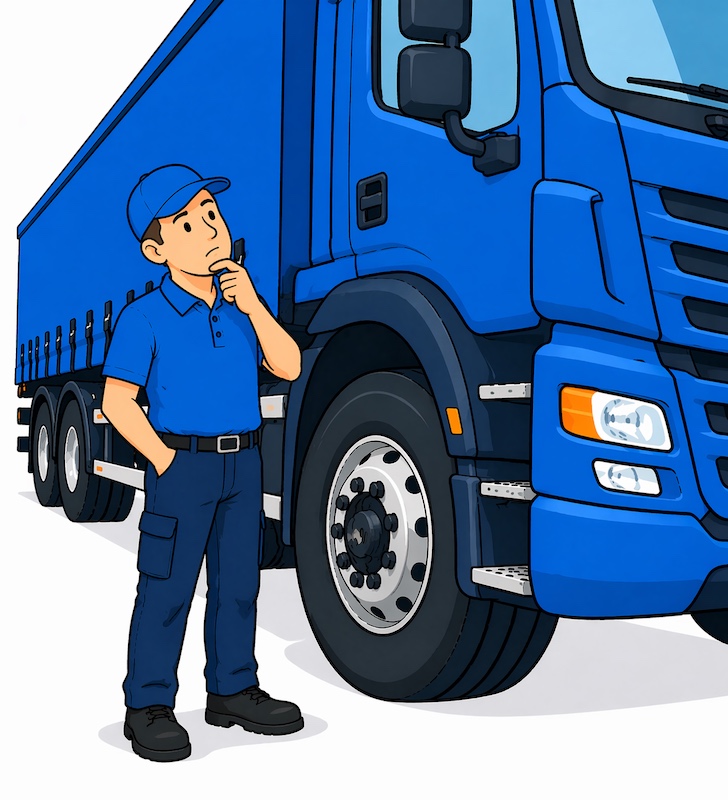 HGV driver completing a walkaround vehicle check on a mobile phone